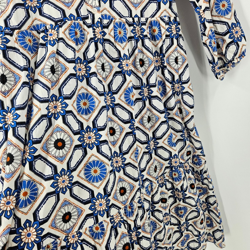 Maeve Anthropologie Bettina Tiered Shirt Dress Blue White Geometric Tile Print M - Picture 4 of 10